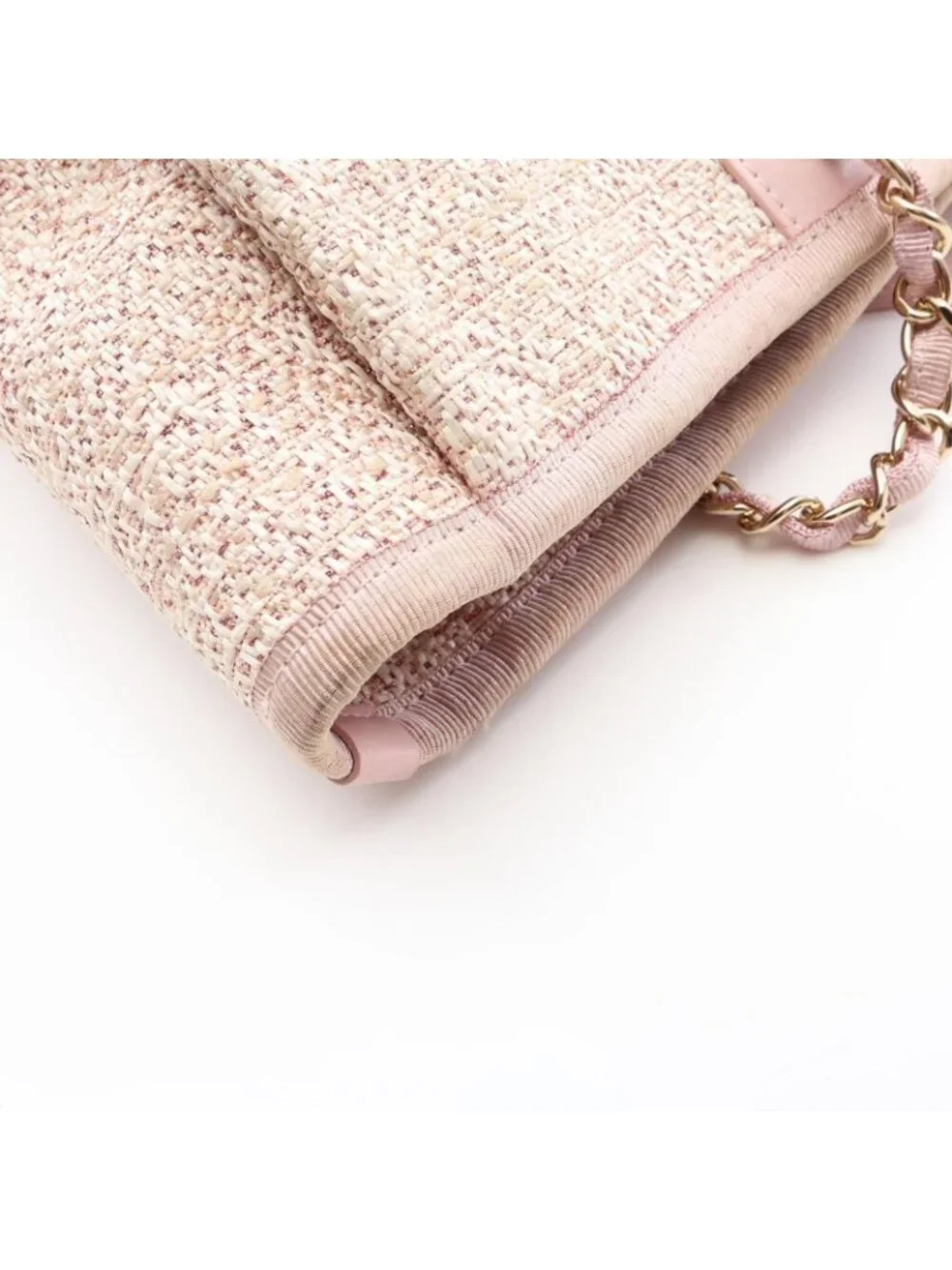 Chanel Tote Bag Deauville Pink Fabric Leather Chain MM